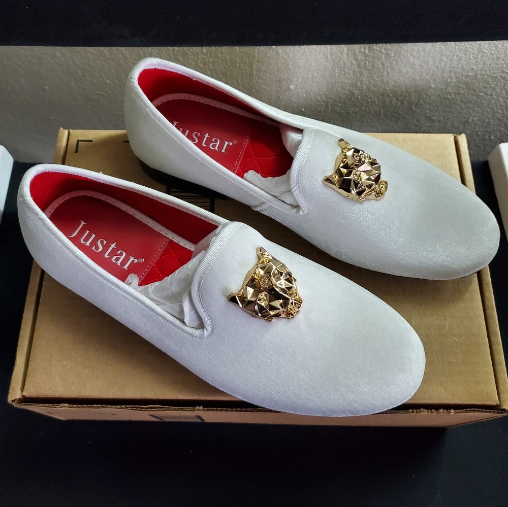 JUSTAR Mens White Velvet Loafers Slip on Size 8 - Picture 2 of 11